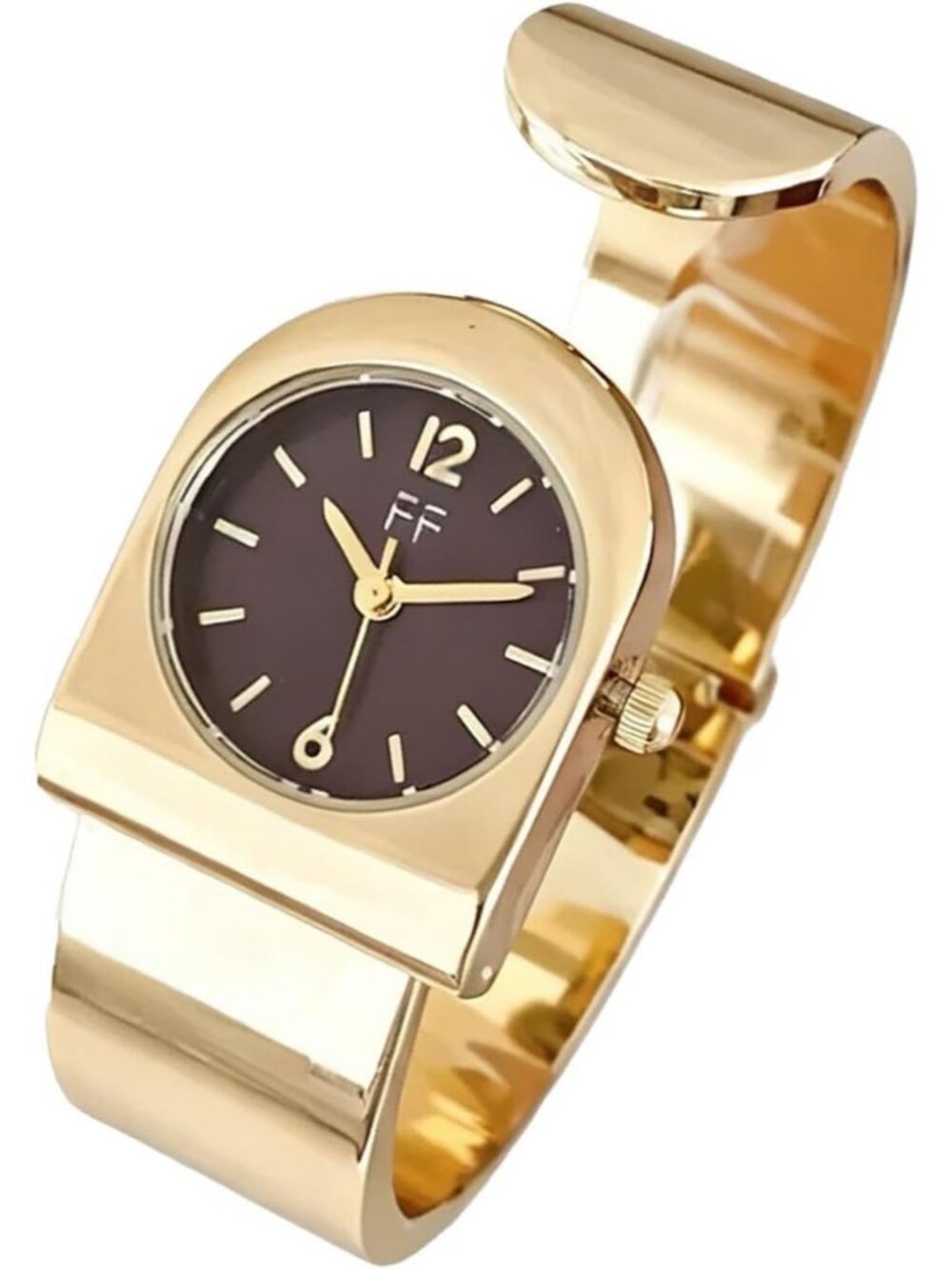 Women's Gold Red Minimalist Dial Open Bangle Retro Curved Case Quartz Watch